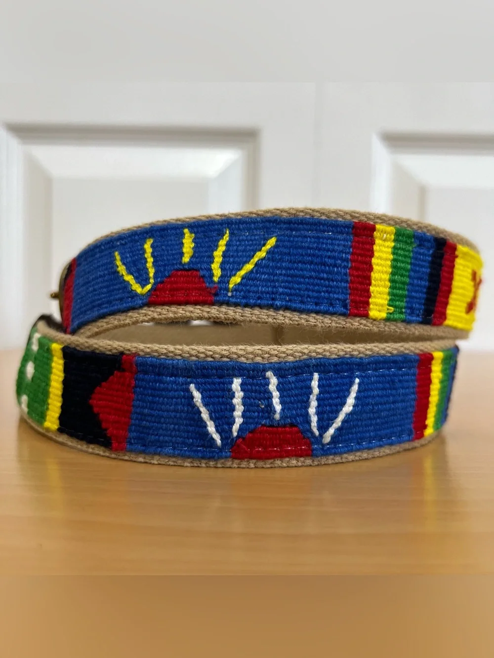 A TAIL WE COULD WAG Handmade Cotton Weave Belt Leather Trim Brass Buckle Size 38